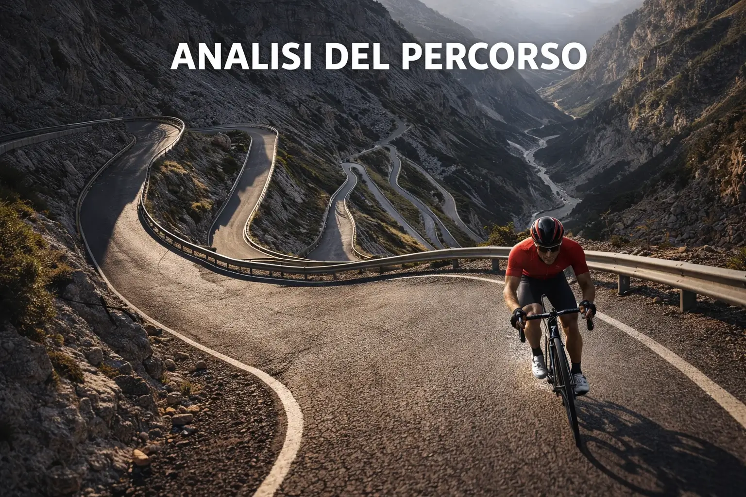 Ciclista professionista su strada di montagna con altimetria ripida, analisi del tracciato