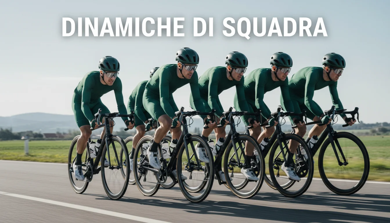 Squadra di ciclisti professionisti in formazione aerodinamica a testa bassa, lavoro di squadra in corsa