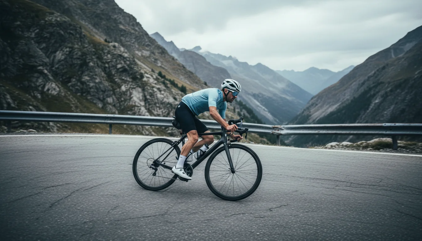 Ciclista che sbaglia traiettoria in curva su strada di montagna, errore da evitare in gara