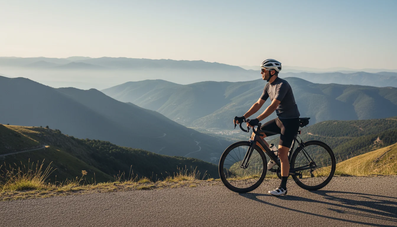 Ciclista che si ferma a bordo strada a riprendere fiato, pausa e controllo come metafora del gioco responsabile