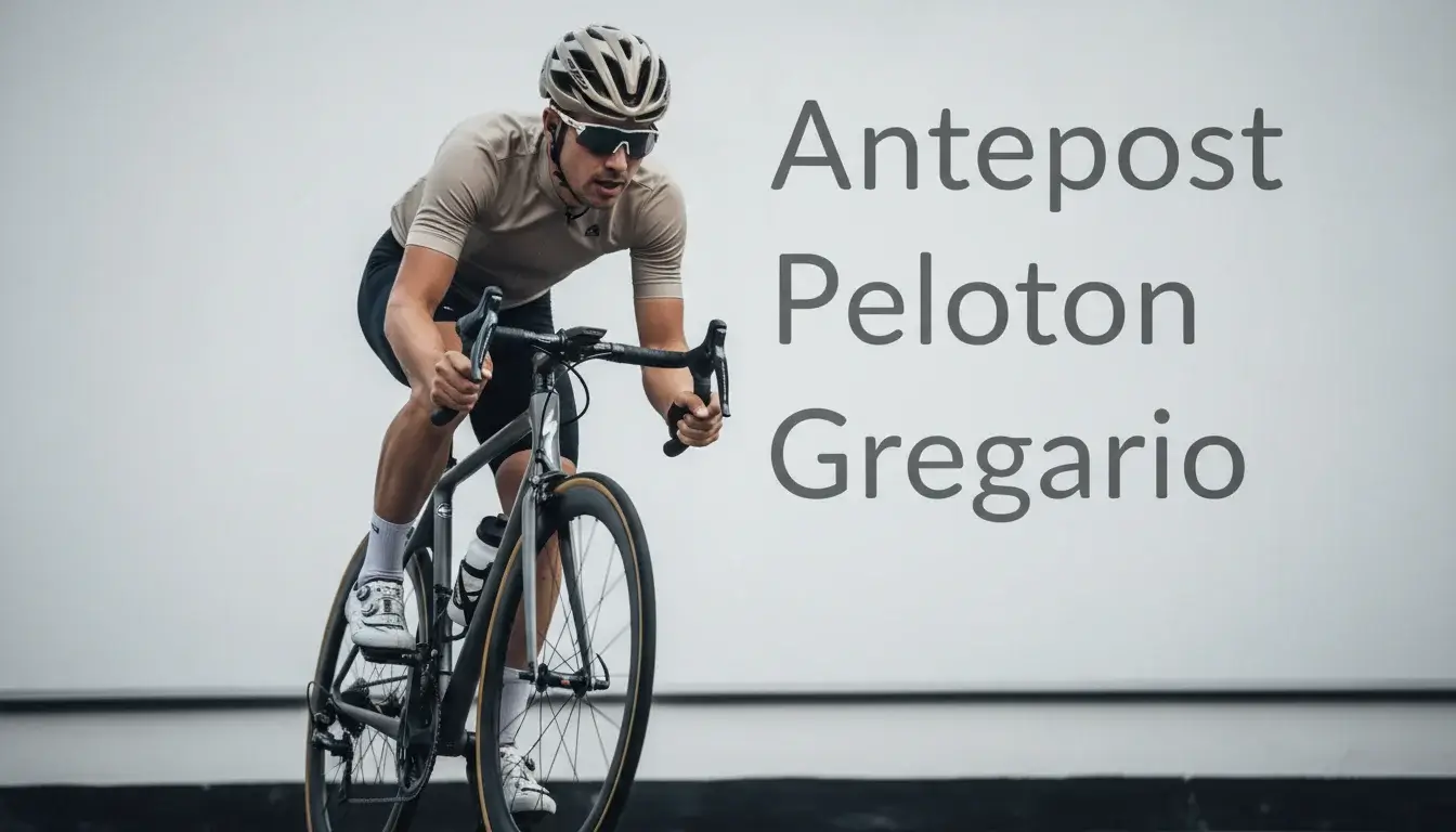 Ciclista professionista in gara con termini tecnici del ciclismo scritti a mano su sfondo neutro