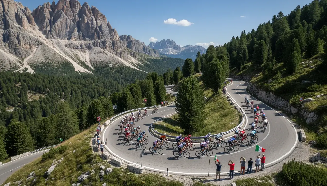 Percorso di un Grande Giro di ciclismo con il gruppo in salita sulle Dolomiti