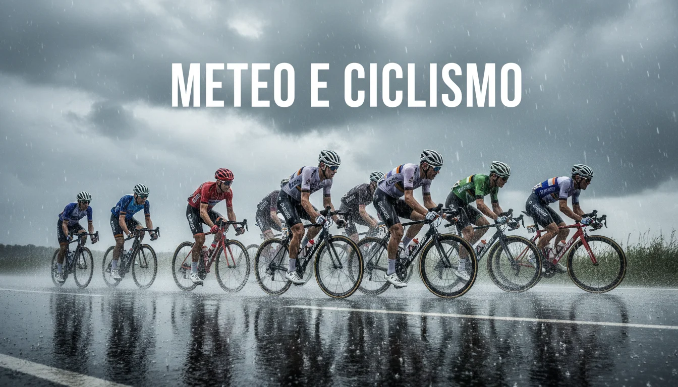 Ciclisti in corsa sotto la pioggia intensa su strada bagnata, vento e condizioni meteo avverse
