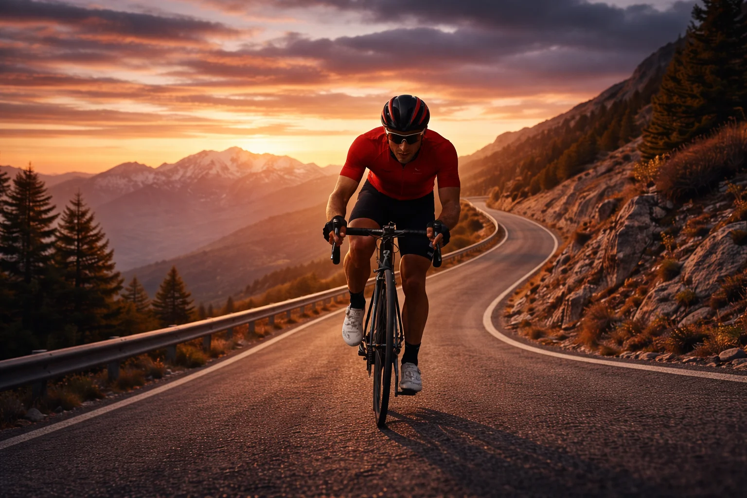 Ciclista in salita al tramonto con cielo drammatico, simbolo delle scommesse antepost ciclismo