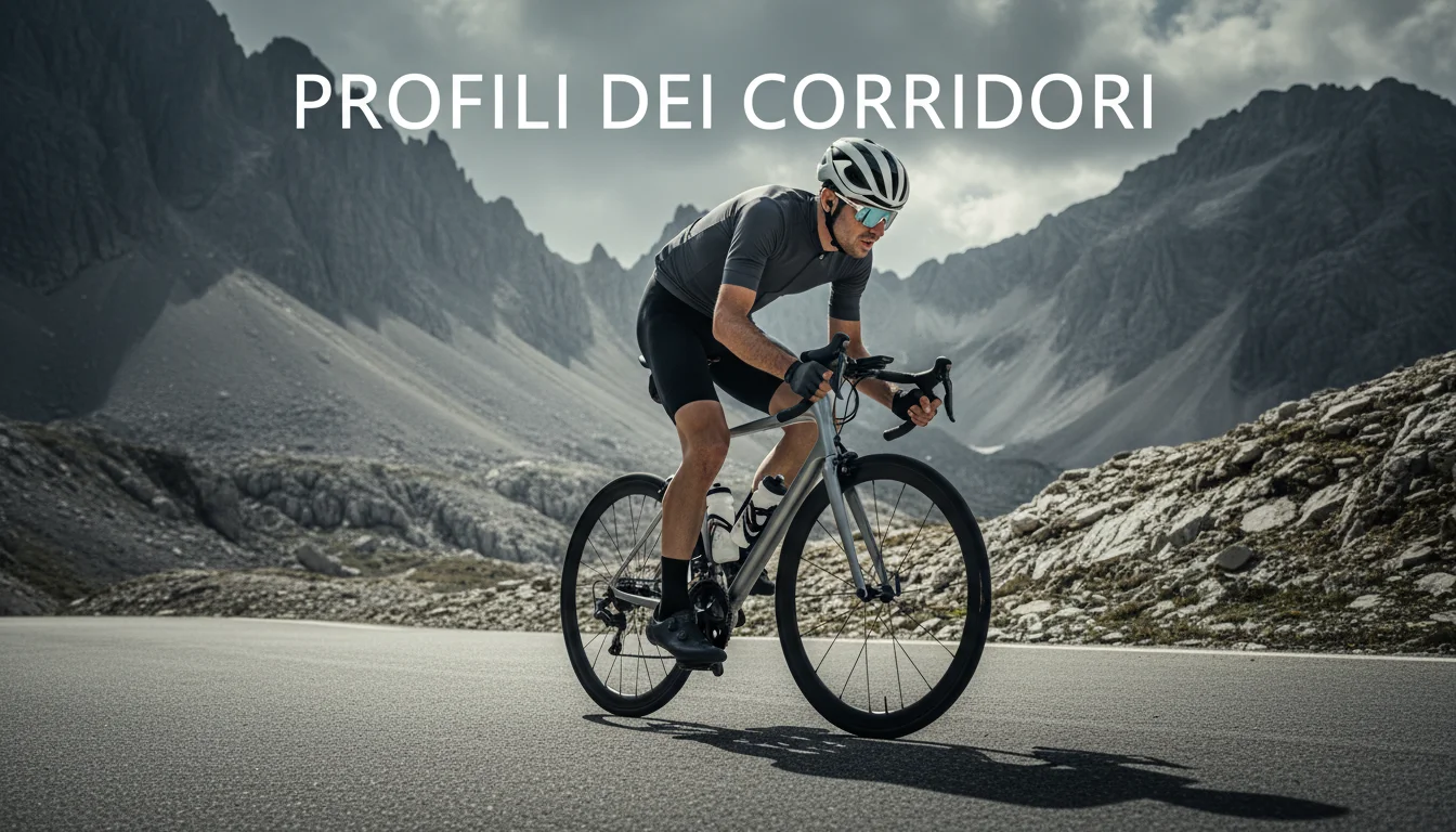 Tre ciclisti professionisti in azione: scalatore in salita, velocista in volata, cronoman a cronometro