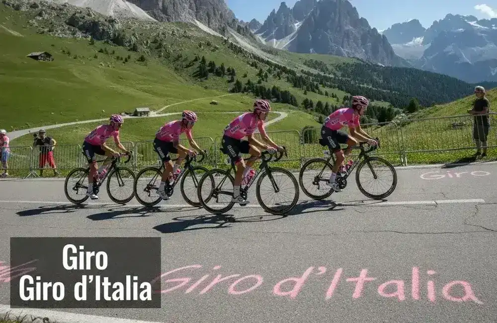 Ciclisti professionisti in gruppo durante una tappa di montagna sulle Alpi