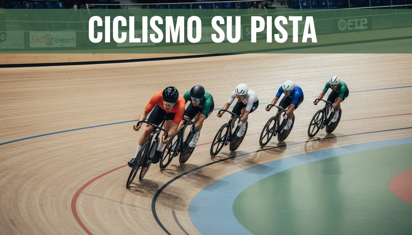 Ciclisti in velocità sul velodromo durante una gara di keirin su pista indoor