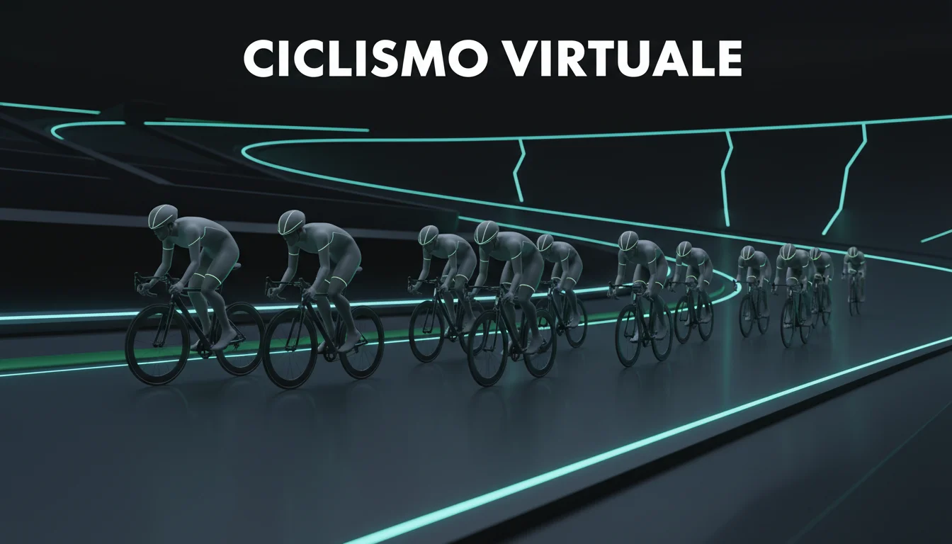 Ciclisti virtuali in gara su circuito digitale stilizzato con illuminazione al neon, ciclismo virtuale