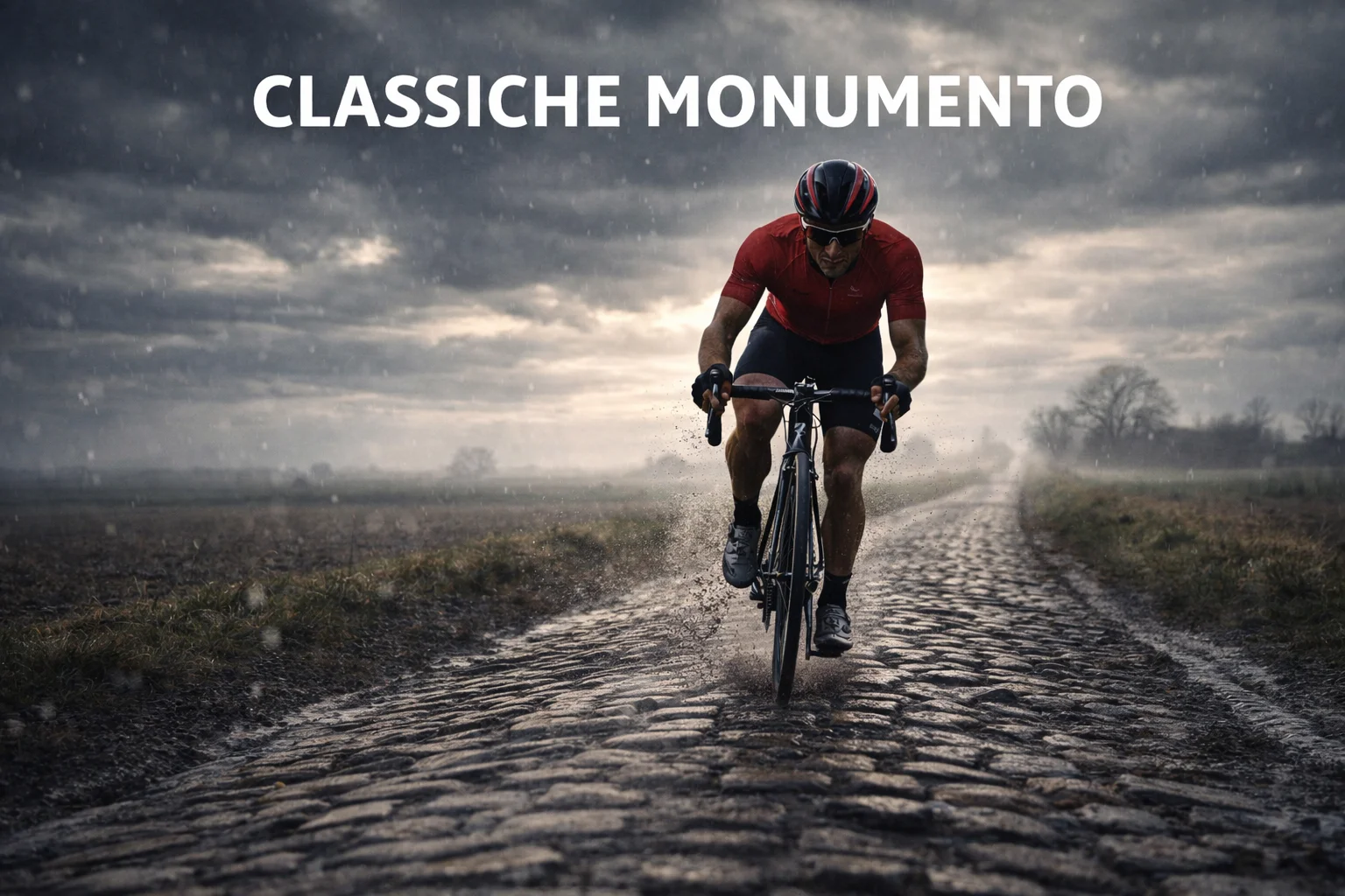 Ciclista sul pavé bagnato della Parigi-Roubaix in una giornata primaverile grigia