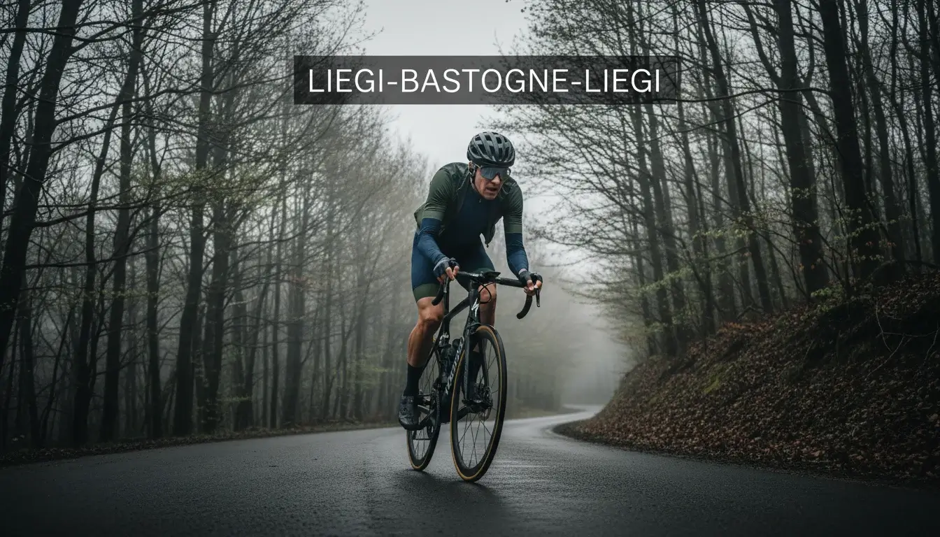 Ciclista scalatore in salita sulle Ardenne belghe durante la Liegi-Bastogne-Liegi in primavera