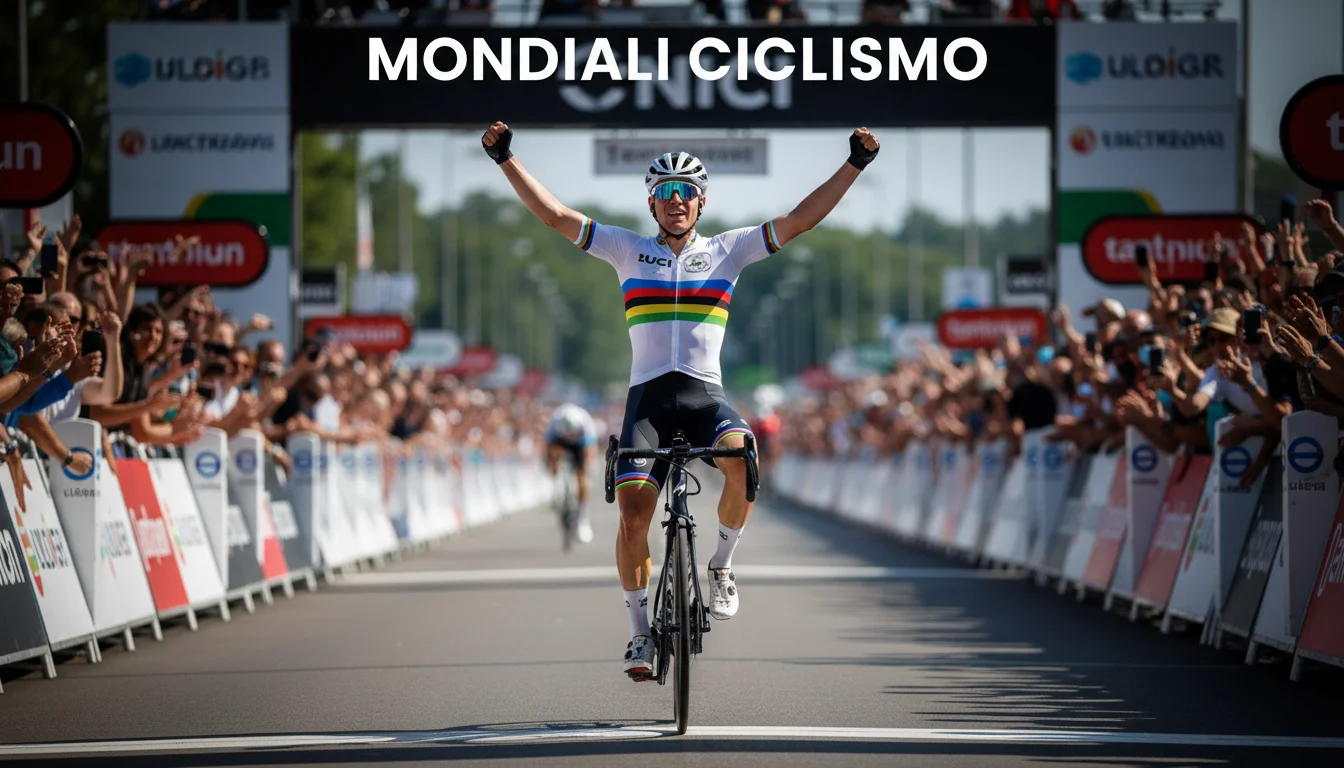 Ciclista con maglia iridata dei Campionati del Mondo in volata sul traguardo