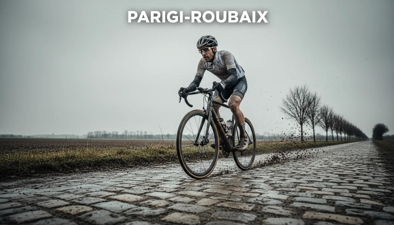 Ciclista sul settore di pavé della Parigi-Roubaix coperto di fango, pietrini storici del Nord della Francia