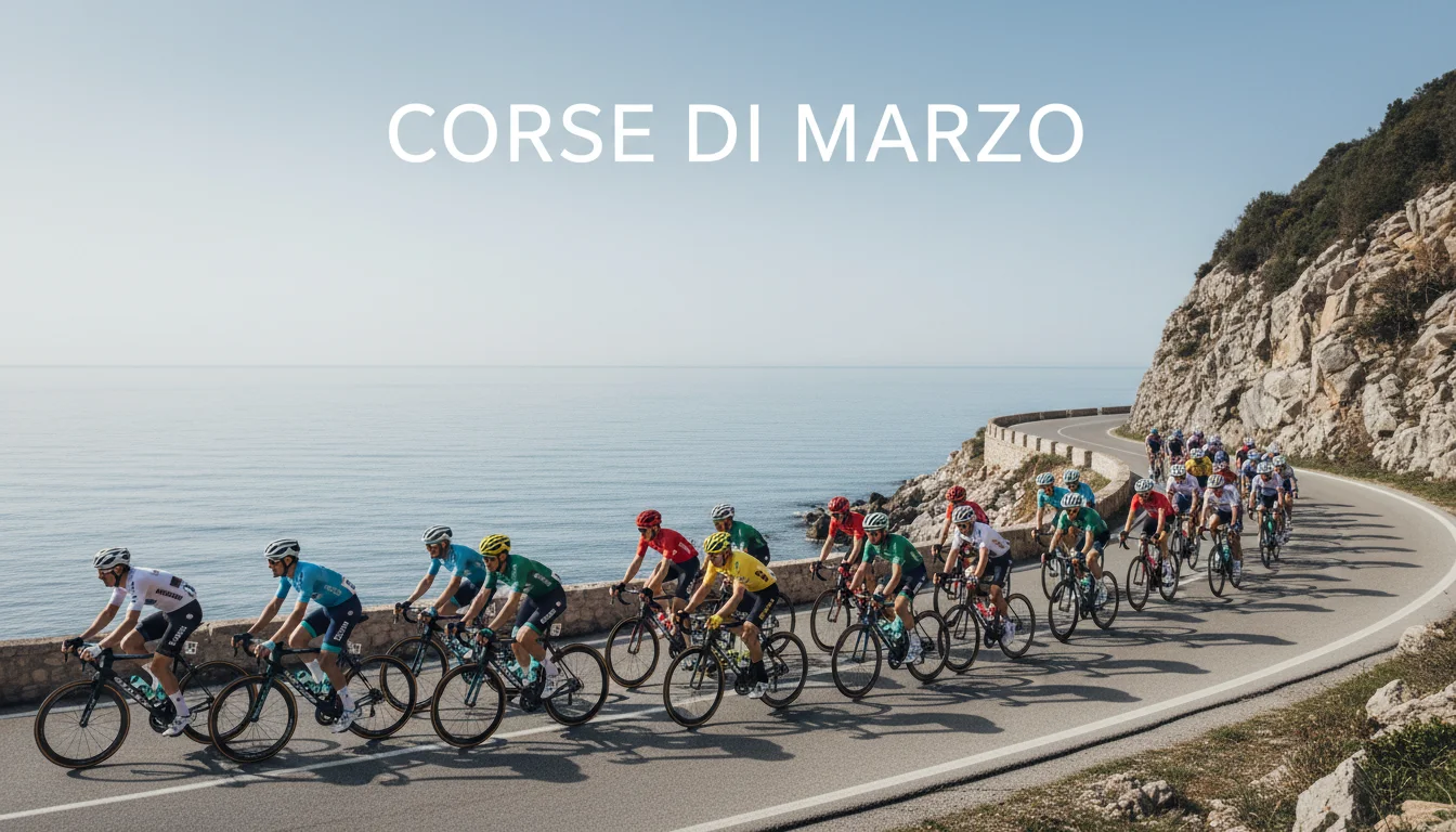 Peloton di ciclisti professionisti su strada costiera italiana in primavera, corsa a tappe preparatoria