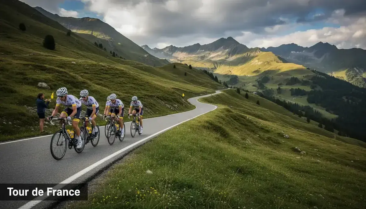Ciclisti professionisti in salita sulle Alpi durante il Tour de France