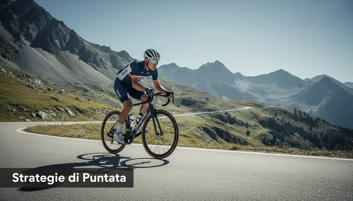 Ciclista professionista in salita analizza il percorso durante una gara su strada