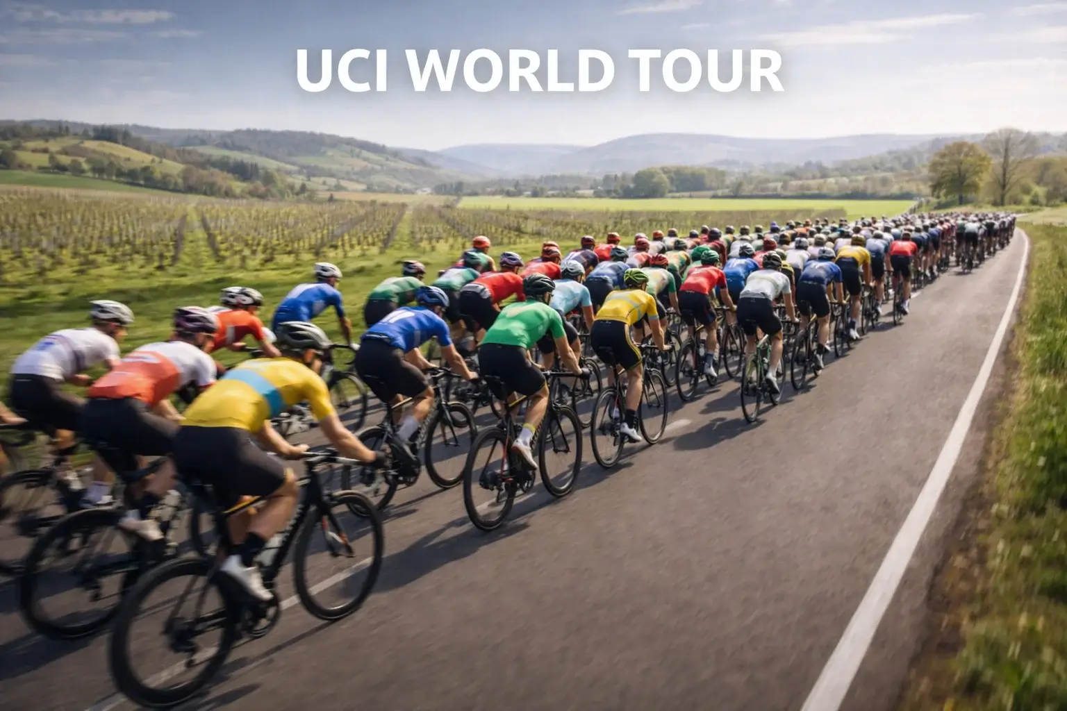Gruppo di ciclisti professionisti in peloton durante una corsa UCI World Tour in primavera